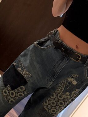 Anthropologie Dark Blue Patchwork Floral-Print jeans